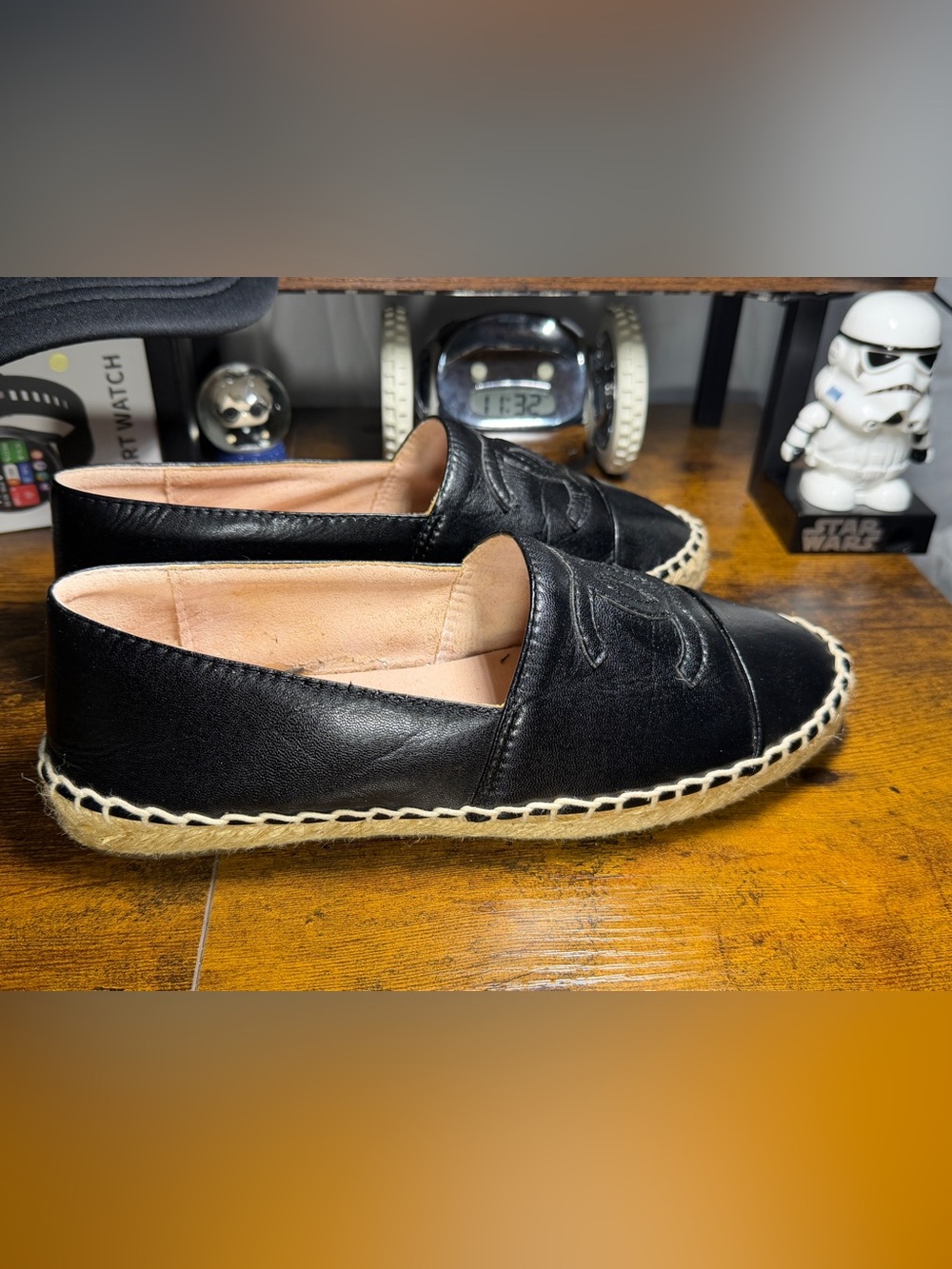 CHANEL Black Leather Espadrille Slip-On Loafers